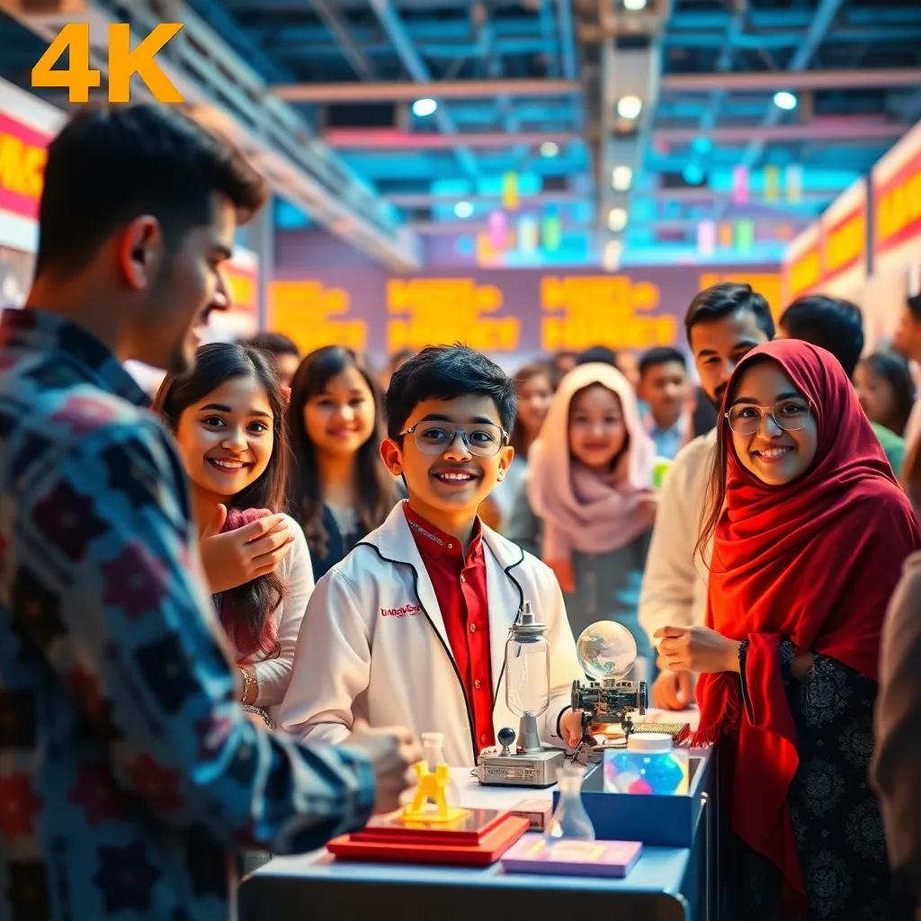A scene showing Muhammad at a science fair with his inventions displayed, surrounded by amazed friends and parents, beaming with pride, colorful background, celebration atmosphere
