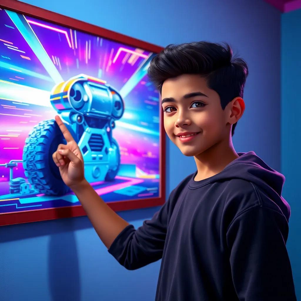 Muhammad, a young boy with fair skin and styled black hair, pointing at a big poster of a futuristic machine on the wall, filled with excitement and dreams, vibrant colors, motivational scene