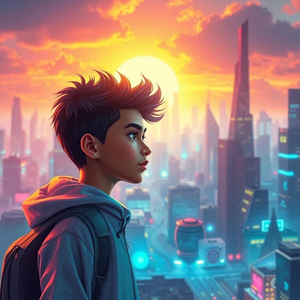 A dreamy landscape of possibilities with Muhammad, a young boy with fair skin and styled black hair, envisioning himself as a big engineer in a big city filled with amazing technology, bright and hopeful colors, concept art