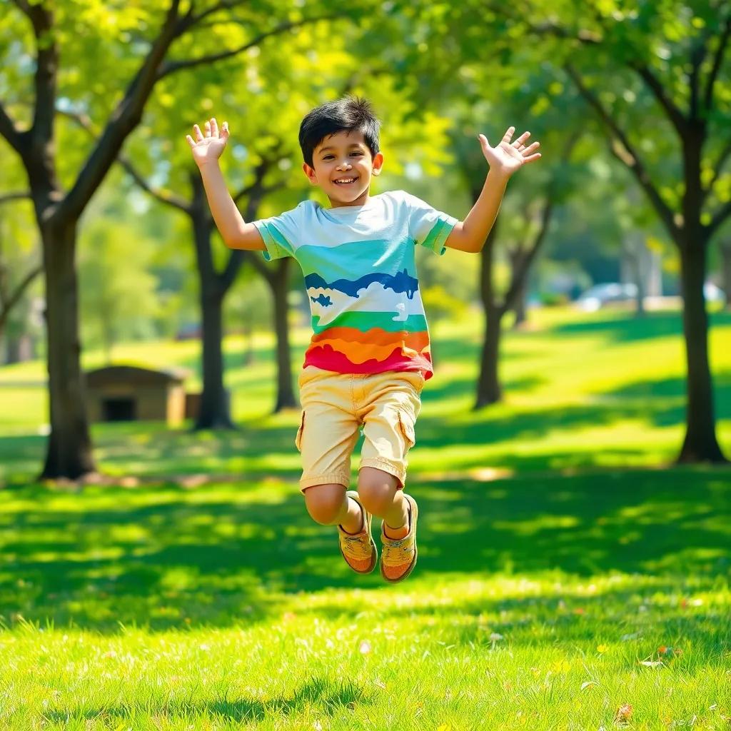 A young Arab boy, Mohammed, with short black hair, wearing a clean and colorful t-shirt and shorts, jumping joyfully in a sunny park surrounded by green grass and trees, vibrant colors, cheerful atmosphere, high quality