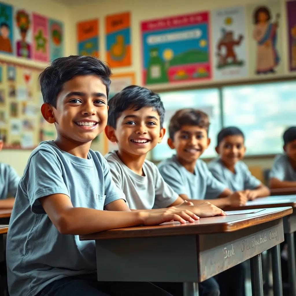 A group of young Arab children, including Mohammed with short black hair in a clean t-shirt, sitting at a classroom desk, smiling and interacting with each other, bright classroom with colorful posters, warm light, friendly vibe, high quality
