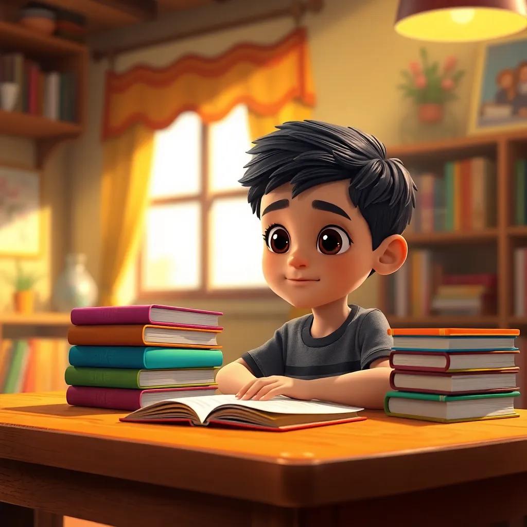 A young Arab boy, محمد, with short black hair and bright eyes, sitting at a wooden desk, studying with a stack of colorful books around him, warm light, inviting atmosphere, cheerful background