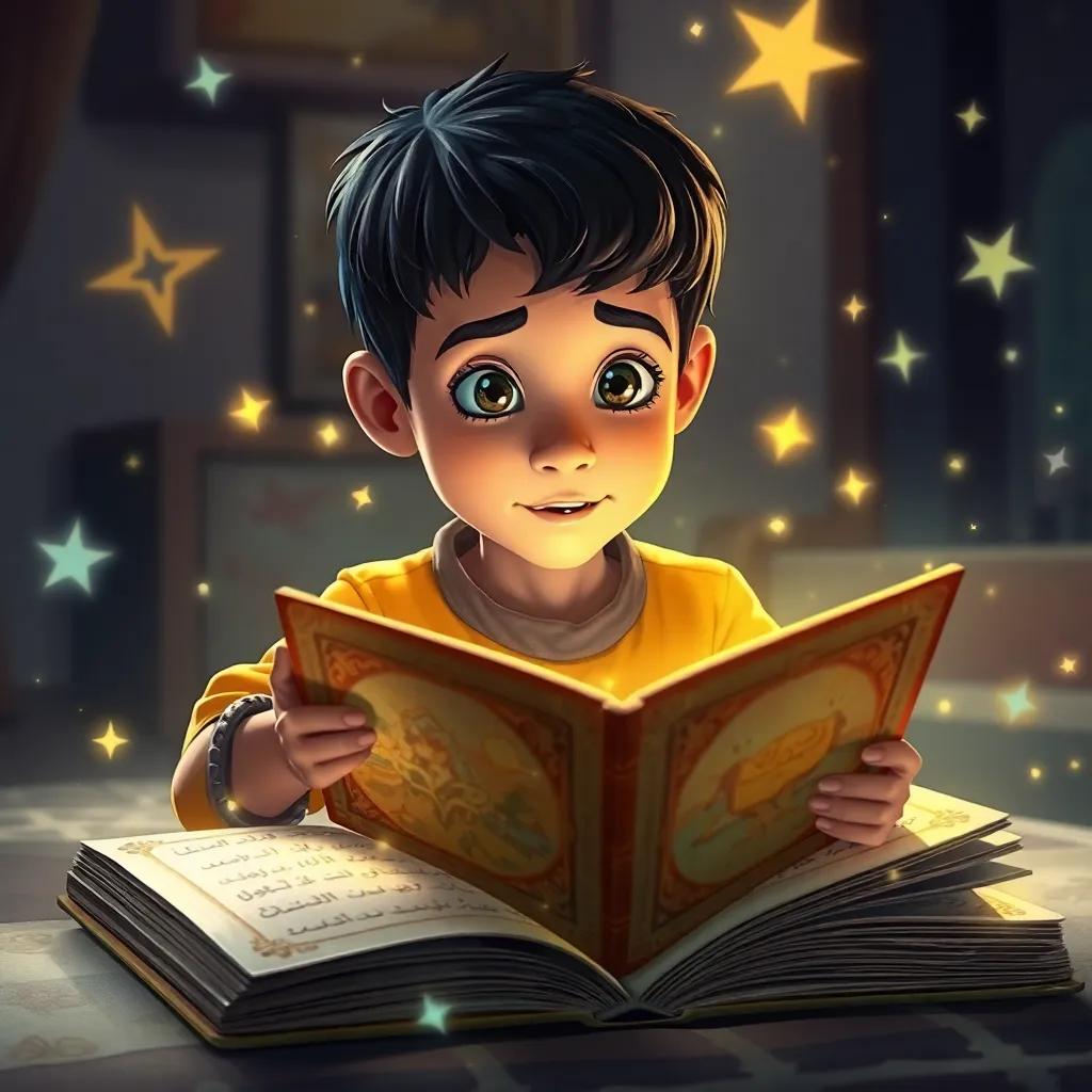 محمد, a young Arab boy with short black hair, discovering a colorful old book, illustrations and sparkles around him, glowing pages, dreamy ambiance, detailed illustration