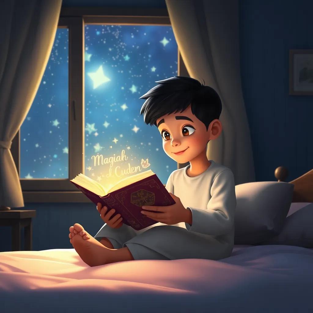 محمد, a young Arab boy with short black hair, sitting on his bed, reading a magical book at night with stars shining through the window, cozy room, soft light, imagination-filled atmosphere