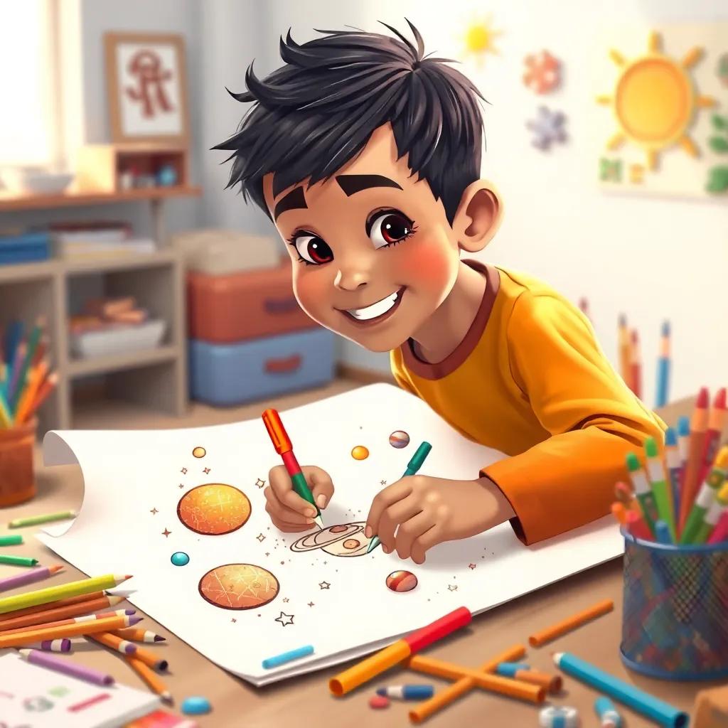 محمد, a young Arab boy with short black hair, drawing planets and stars on a big sheet of paper, colorful art supplies scattered, bright and inspiring environment, joyful expression