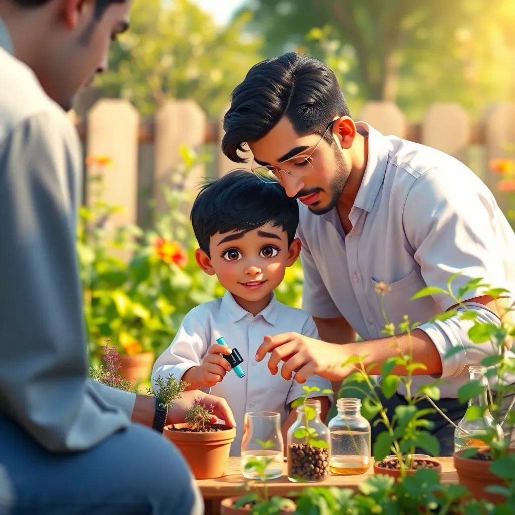 محمد, a young Arab boy with short black hair, helping his father with a science project in the garden, surrounded by plants and small experiments, sunny day, family bonding atmosphere