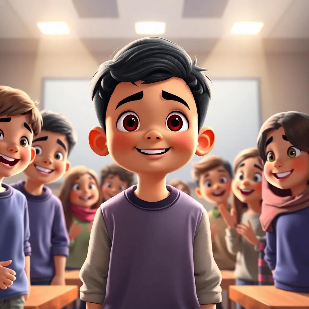 محمد, a young Arab boy with short black hair, presenting a science project at school with classmates cheering around him, bright stage lights, excited emotions