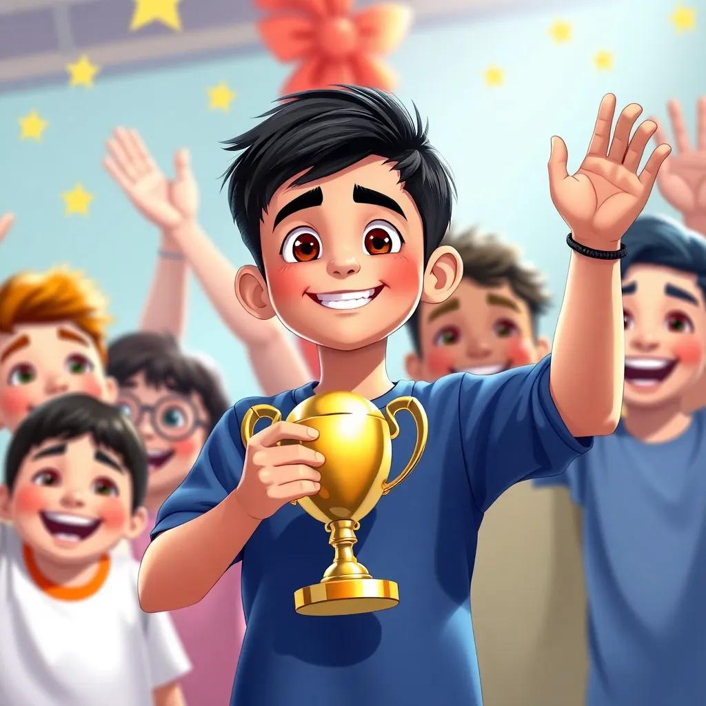 محمد, a young Arab boy with short black hair, holding a trophy proudly, surrounded by friends celebrating his achievement, bright colors, joyful expression