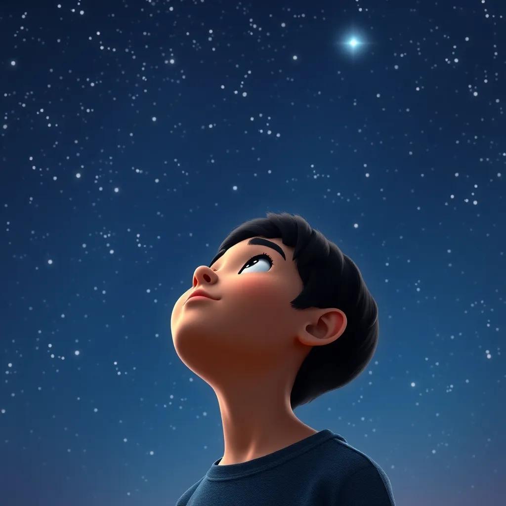 محمد, a young Arab boy with short black hair, looking up at the stars in the night sky, imagining his dreams, vast universe and twinkling stars, inspirational feeling