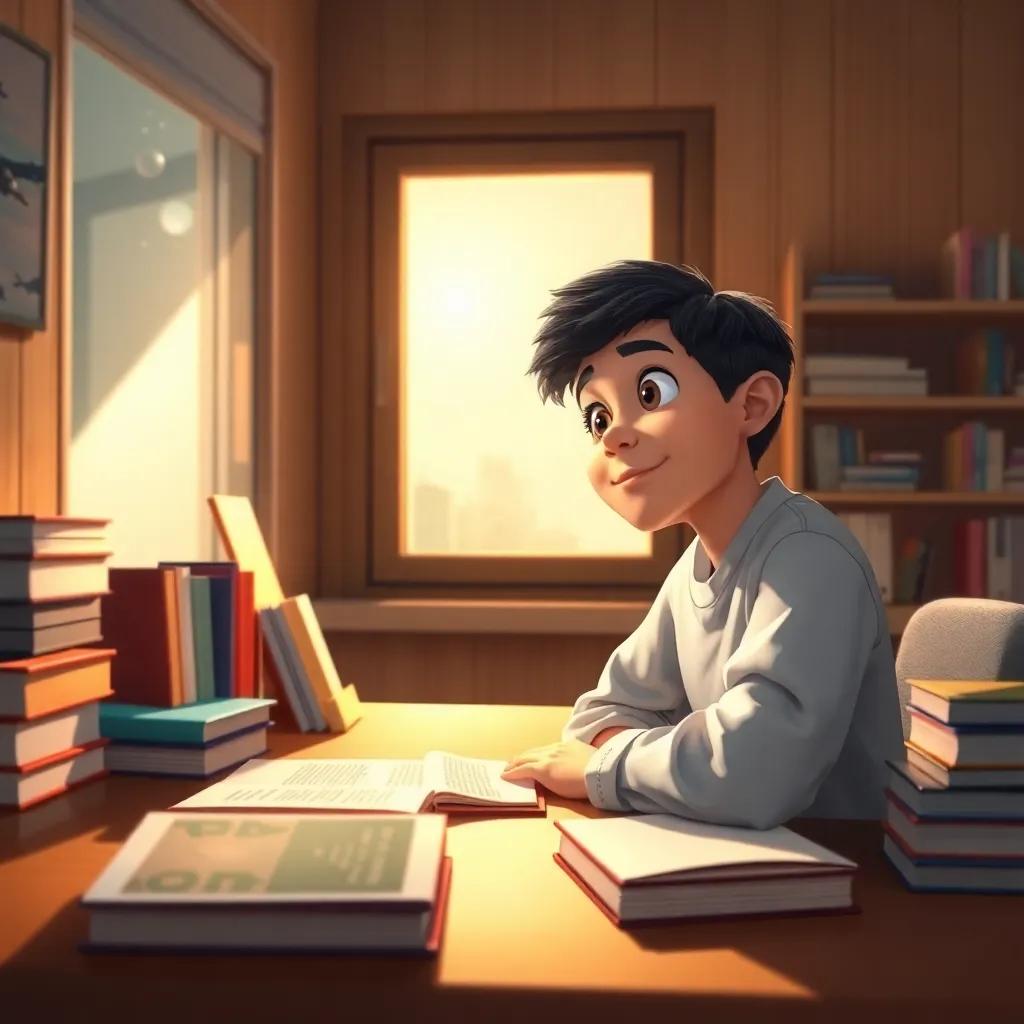 محمد, a young Arab boy with short black hair, daydreaming at a desk filled with books about space and science, a window showing a bright future, warm and bright