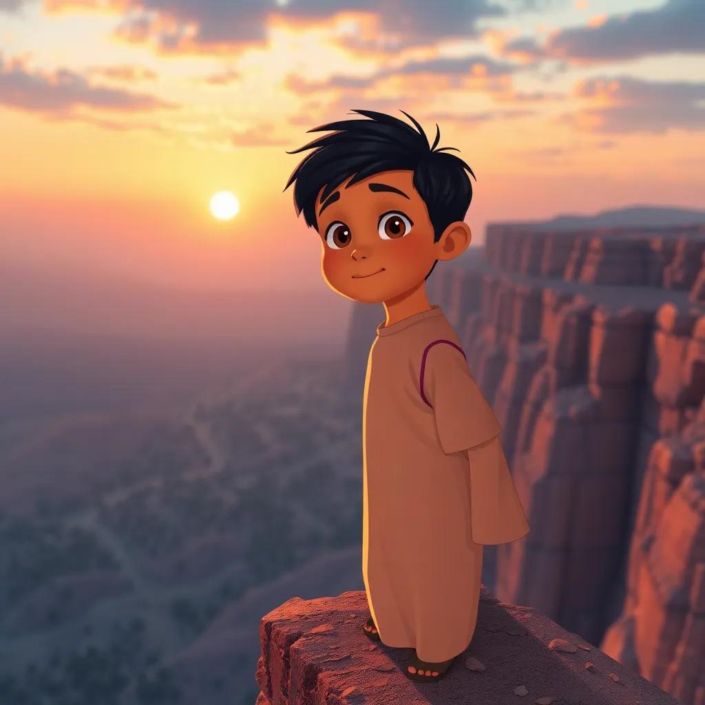 محمد, a young Arab boy with short black hair, standing at the edge of a cliff looking at the horizon, ready to embrace his future filled with adventures, warm sunset colors, hopeful expression