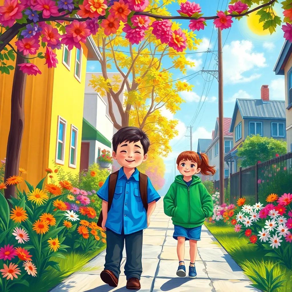 A sunny morning scene in a vibrant neighborhood, showing محمد wearing a blue shirt and black shoes, and أحمد in a green jacket, both excited to go to school, colorful flowers blooming, cheerful atmosphere, digital art, bright colors, engaging perspective, high quality