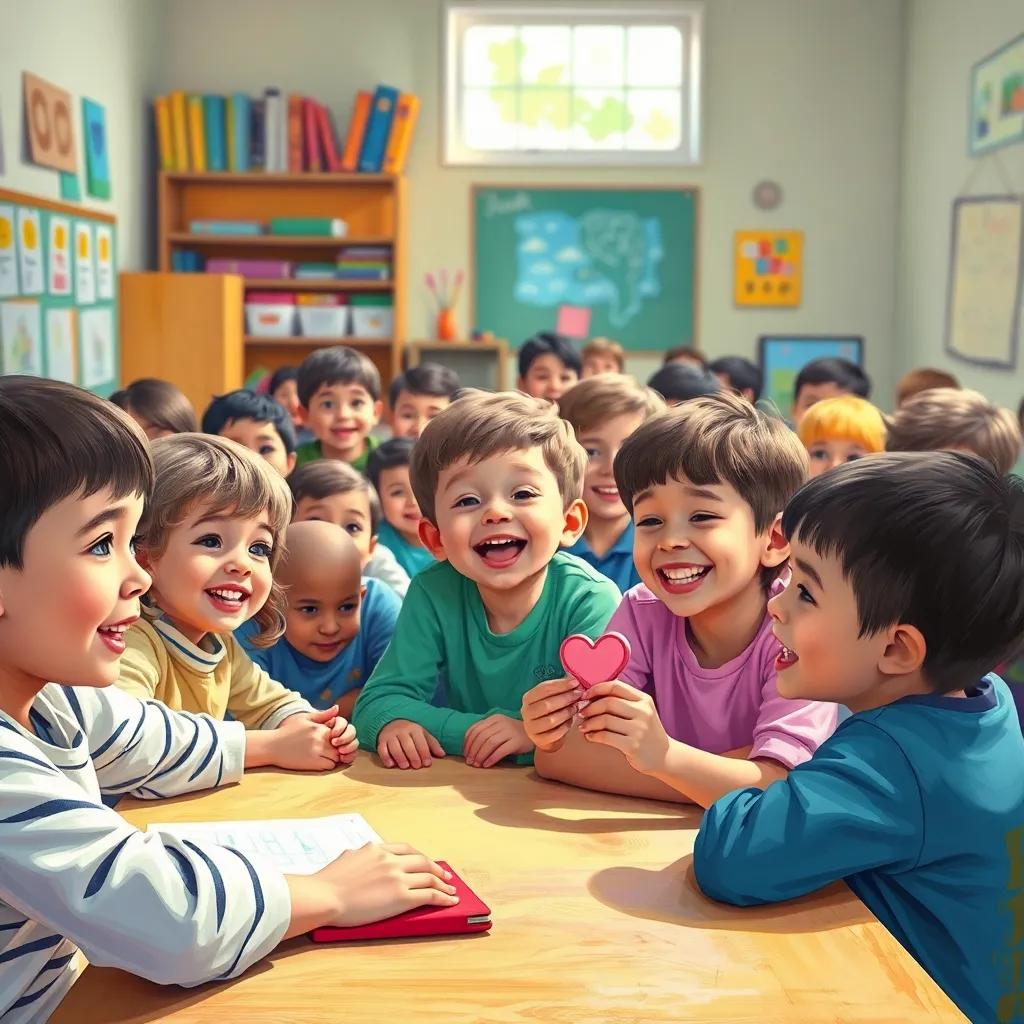 A lively classroom filled with children, محمد and أحمد interacting with their friends, محمد sharing a big smile, أحمد suggesting drawing hearts, bright colors, an inspiring and imaginative environment, digital painting, warm light, joyful setting