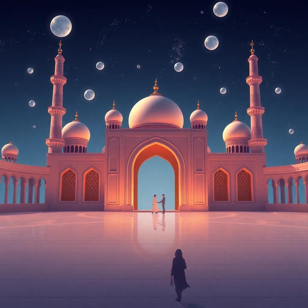 محمد، فتى جميل ذو شعر بني، مبتسم لجانب طبق به فواكه ملونة، التفاح، الموز، والعنب، في مطبخ مضاء، جو منعش، ألوان زاهية