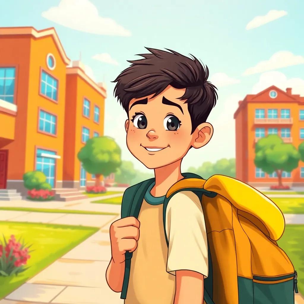 A handsome young boy, Mohammad, with light skin and bright eyes, walking to school with a heavy backpack, school buildings in the background, cheerful atmosphere, illustration, child-friendly, vibrant colors, engaging perspective