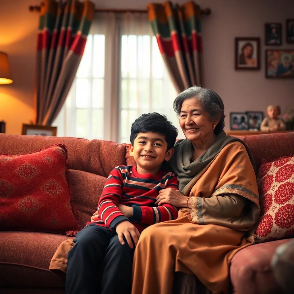 A young boy, Mohammad, sitting in a cozy living room with his grandmother, she is comforting him with a warm smile, surrounded by soft cushions and family photos, digital art, heartwarming scene, colorful, inviting light