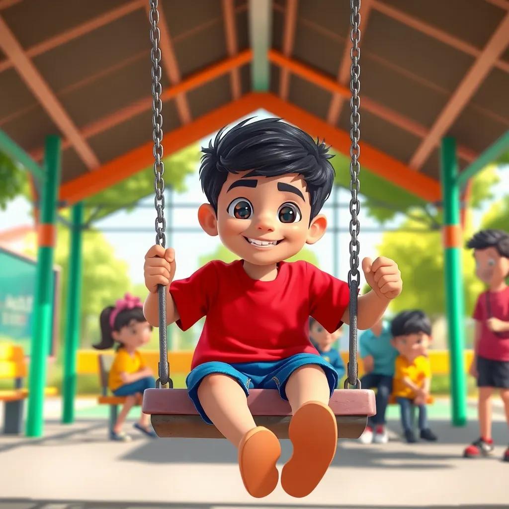 A young Arab boy, Mohamed, with black hair and wearing a red t-shirt and blue shorts, sitting on a swing in a school playground with friends around him, playful, sunny day, cheerful atmosphere, colorful, cartoon style, happy expressions