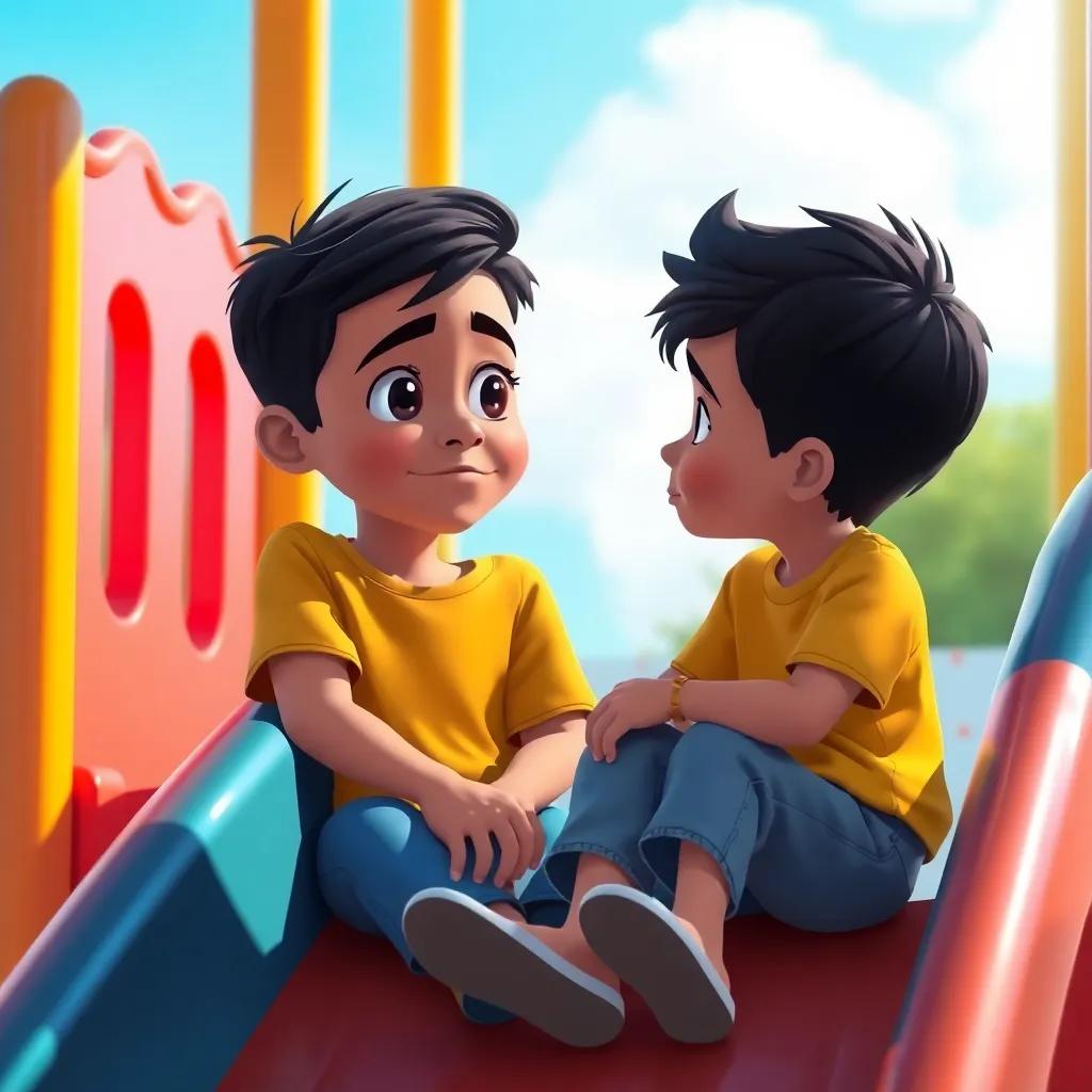 A young Arab boy, Mohamed, with black hair, looking sad while talking to another boy, wearing a yellow t-shirt, on a playground slide, with a bright blue sky and colorful equipment, emotional, vibrant colors, illustration style, touching moment