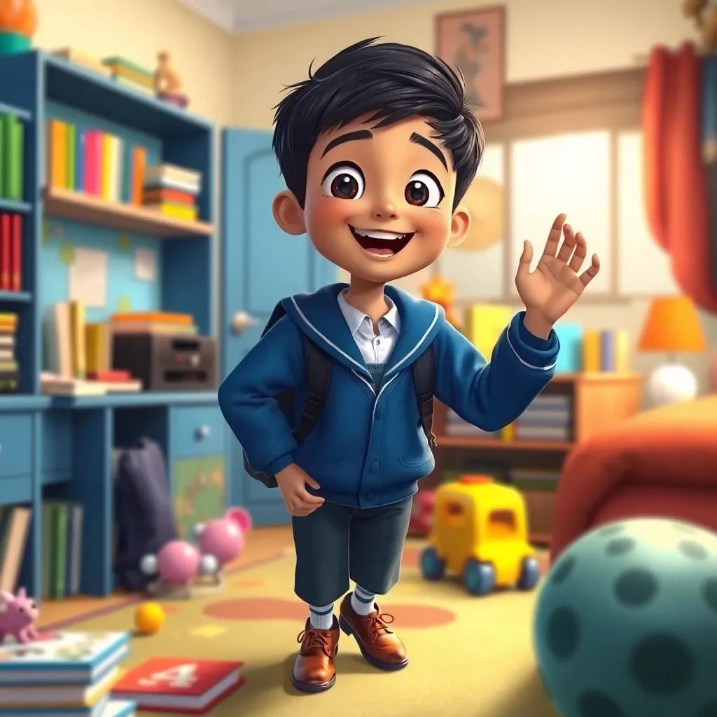 A young Arab boy, Mohammed, with short black hair and a blue school uniform, excitedly getting ready for school in his bedroom, filled with books and toys, colorful, cheerful atmosphere, digital art, high quality