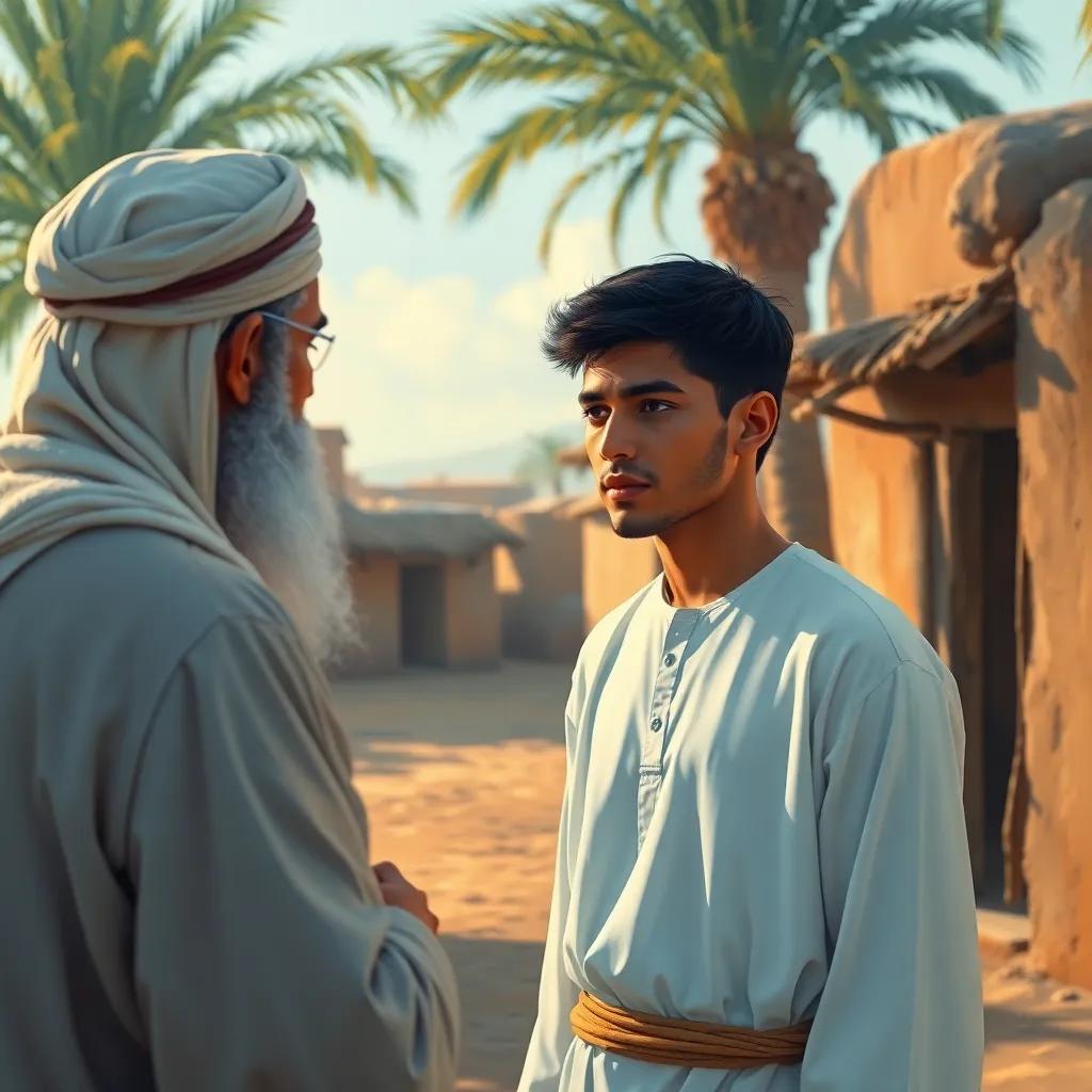 A young Arab man, Mohammed, with short black hair wearing a simple white thobe, standing in a quiet village with mud houses and palm trees, looking determined as he speaks to a wise elder, digital art, warm colors, inviting atmosphere, high quality