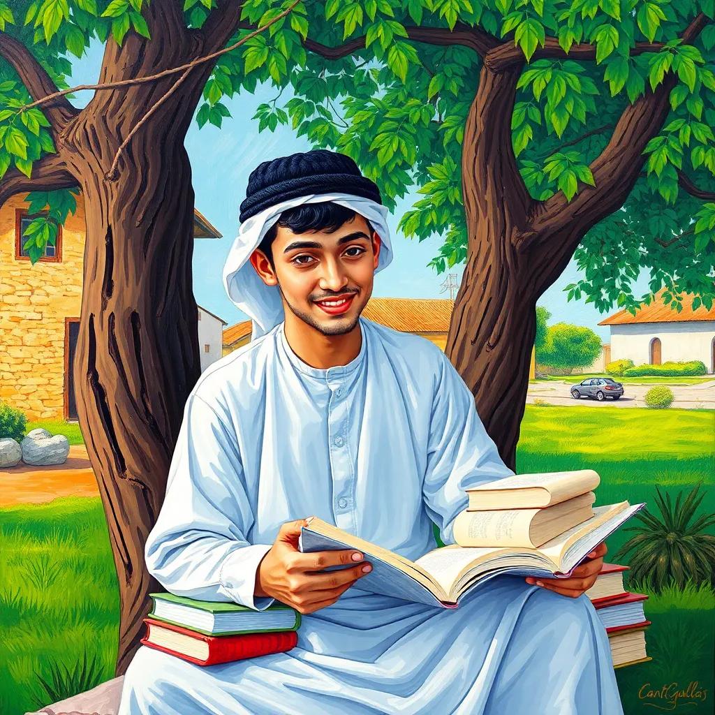 Mohammed, a young Arab man with short black hair in a white thobe, studying hard with books scattered around him, sitting under a tree in a peaceful village setting, cheerful, vibrant colors, inspiring view, high quality
