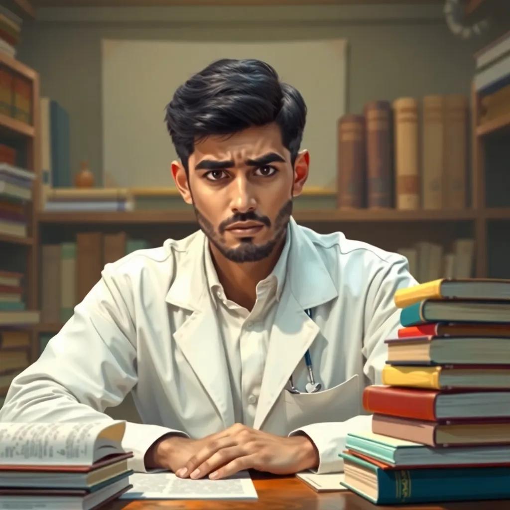 A young Arab man, Muhammad, with short black hair, wearing a white lab coat, sitting at a desk surrounded by big medical books, looking frustrated, digital art, warm colors, focused atmosphere, high quality