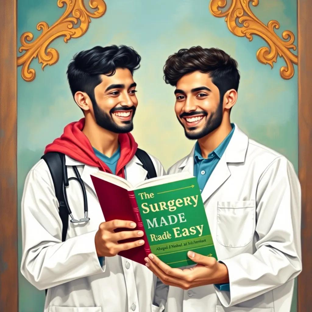 A young Arab man, Muhammad, with short black hair, wearing a white lab coat, smiling with his friend Ahmed, a young Arab man with curly black hair in casual clothes, excitedly discussing a new book titled 'Surgery Made Easy', cheerful, colorful, vibrant, high quality