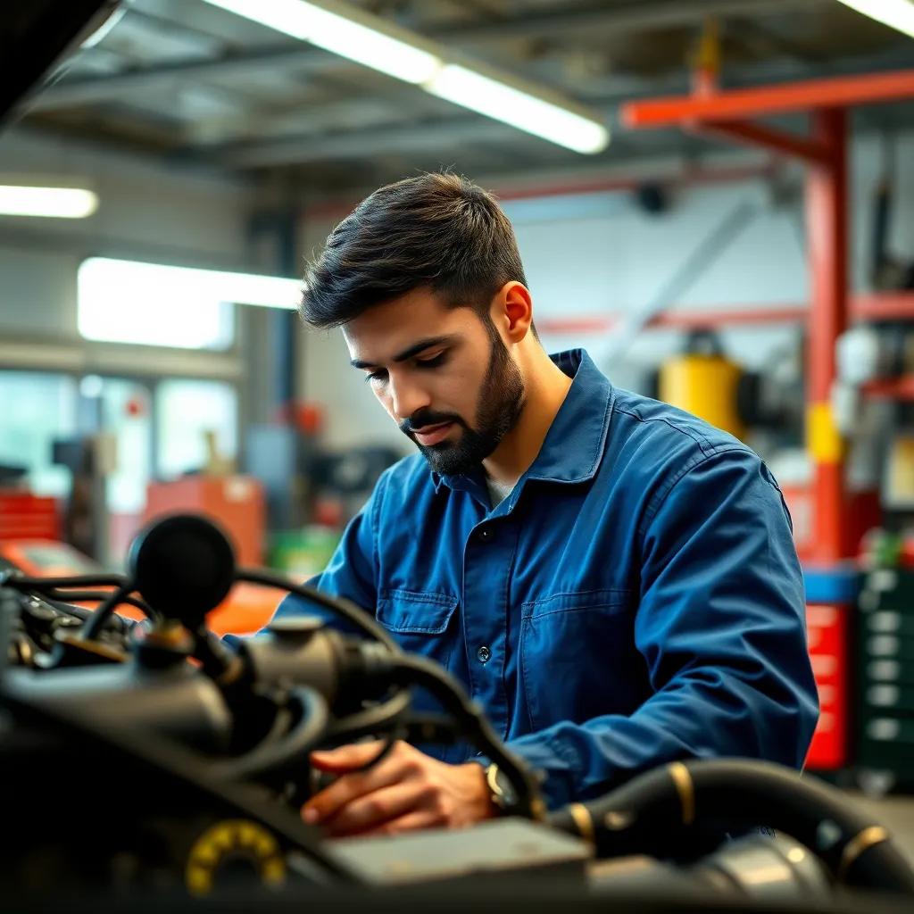 A young Arab man, Mohamed, with short black hair and a blue mechanic's jumpsuit, working hard in a car repair shop, focusing on an engine, bright workshop lights, colorful tools around, detailed, cheerful atmosphere, high quality