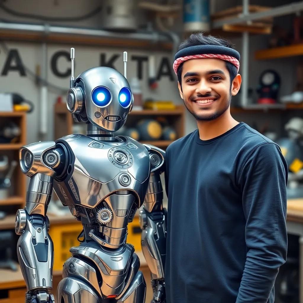Mohamed, a young Arab man, standing proudly next to a shiny robot he created, with gears and lights on it, smiling with excitement, workshop background with various robot parts, cheerful vibes, realistic style