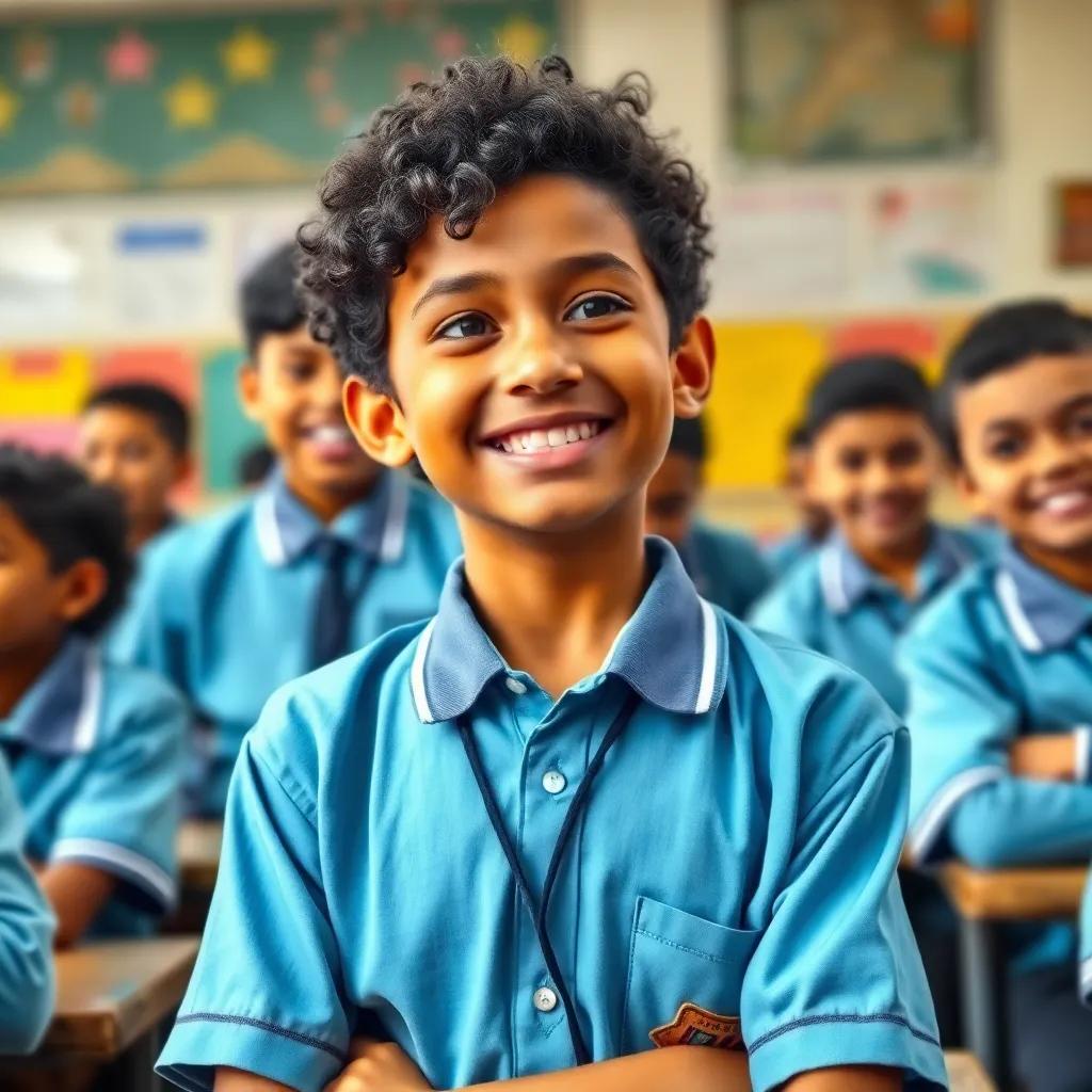 A disciplined boy named Mohamed, a young Arab boy, with curly black hair wearing a school uniform, smiling while talking to his classmates in a classroom, vibrant colors, joyful atmosphere, high quality