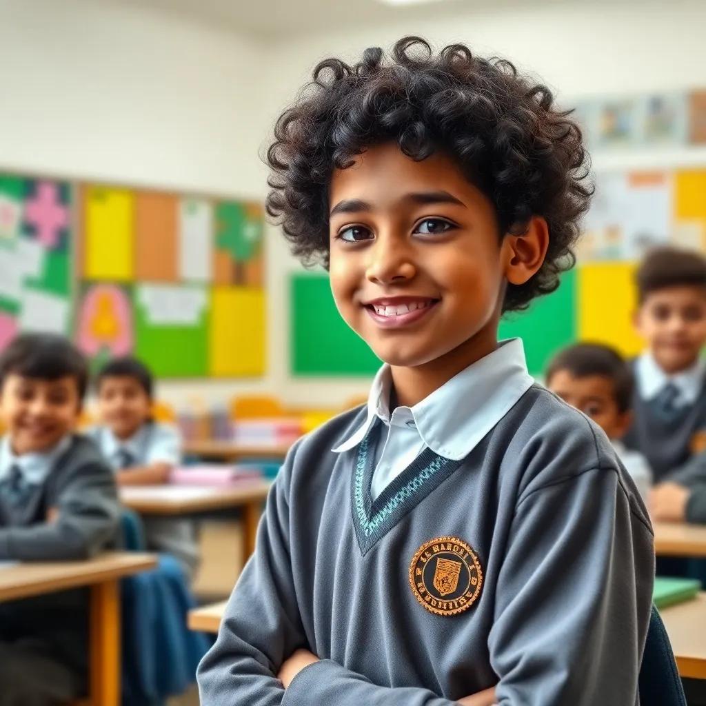 Mohamed, a young Arab boy, with curly black hair in a school uniform, encouraging friends in a classroom, bright classroom filled with colorful learning materials, cheerful, engaging scene, high quality