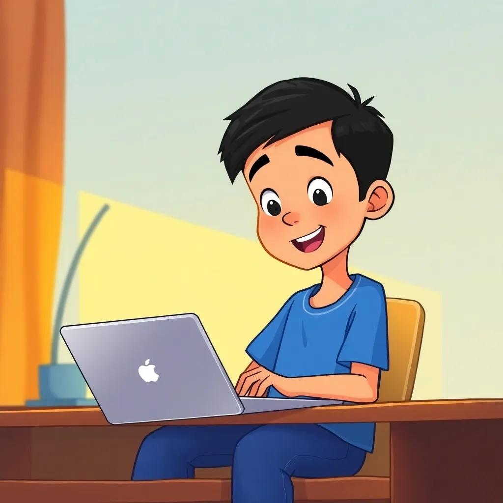 A young Arab boy, Mohammed, with short black hair, wearing a simple blue t-shirt and jeans, sitting at a desk with a laptop, looking excited while reading an email, warm lighting, colorful atmosphere, high quality