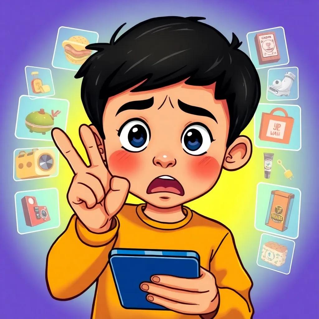 A young Arab boy, Mohammed, with short black hair, looking shocked while pointing at a phone, surrounded by images of strange products on the screen, bright colors, high quality, playful atmosphere