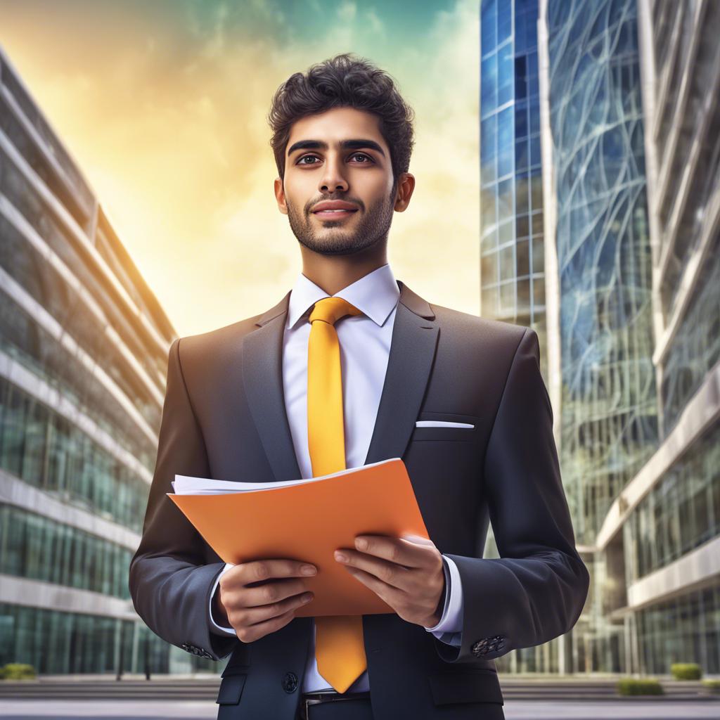 A young Arab man, Mohammed, in a smart suit, holding a resume while standing in front of a modern office building, eager expression, digital art, vibrant colors, optimistic atmosphere