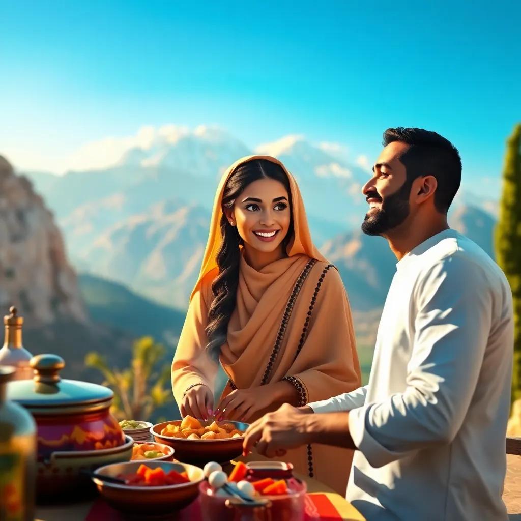 A beautiful Arab woman, Samiah, preparing food in front of a stunning mountain view, with her husband Mohamed, a handsome man with shiny eyes and a joyful expression, enjoying the view, cheerful, warm light, digital painting, picturesque setting, high details