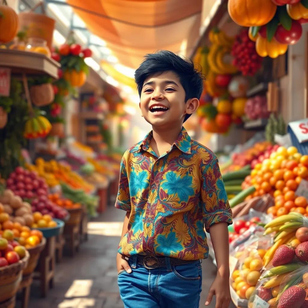 A young Arab boy, Muhammad, with short black hair, wearing a colorful shirt and jeans, happily singing while walking through a lively market filled with fruits and vegetables, bright and colorful scene, digital art, sunny atmosphere, warm colors, joyful mood, high quality