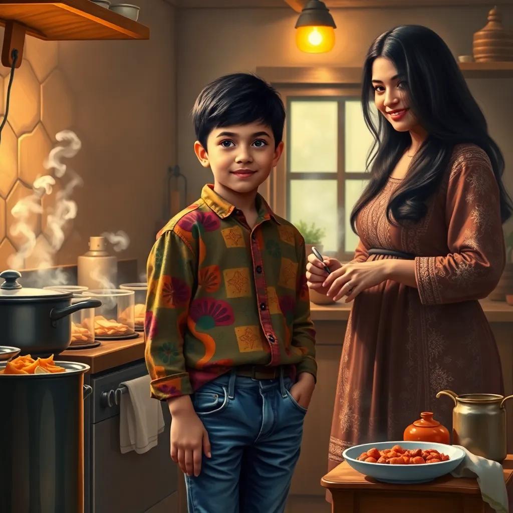 A young Arab boy, Muhammad, with short black hair, wearing a colorful shirt and jeans, standing in a cozy kitchen while his mother, a middle-aged Arab woman with long black hair wearing a traditional dress, is cooking delicious food, aromatic steam rising from pots, cheerful environment, warm light, inviting details, high quality