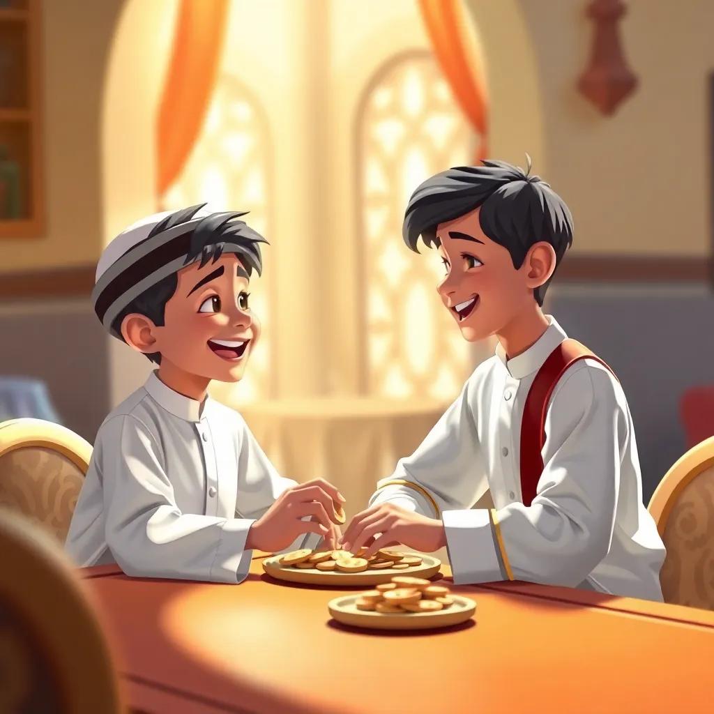 A young Arab boy, Mohammed, with short dark hair, wearing a white traditional shirt, sitting at a table with his friend, sharing coins and laughing, colorful artwork, brightly lit setting, welcoming feel, high quality