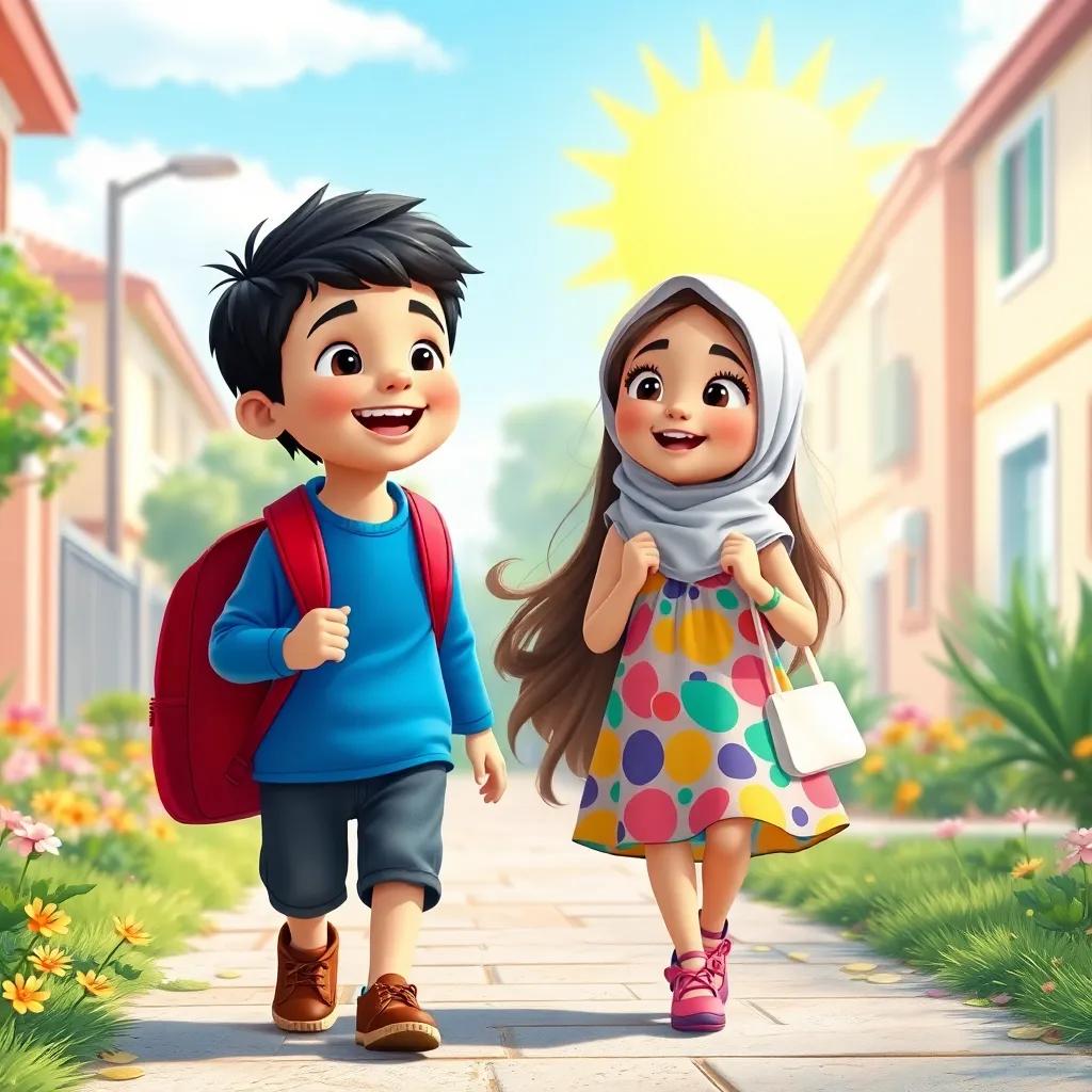 A sunny morning scene with two children, Mohamed, a young Arab boy with short black hair wearing a blue shirt and red backpack, and Fatima, a young Arab girl with long black hair wearing a colorful dress and carrying a new bag, walking happily together, singing about colors, in a bright neighborhood with flowers, digital art, cheerful atmosphere, vibrant colors, high quality