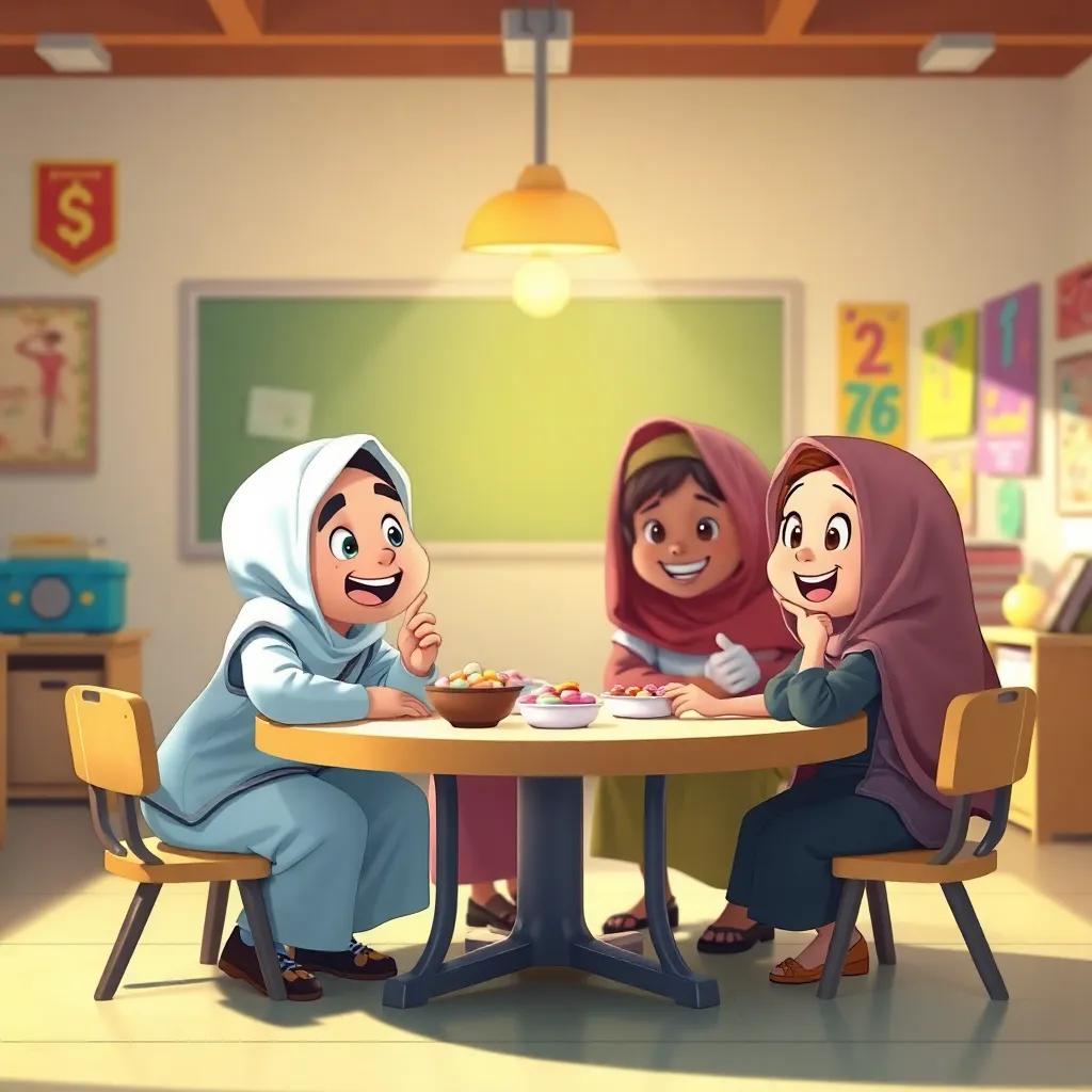 A lively school scene with Mohamed and Fatima sitting at a round table with friends, young Arab children laughing and sharing sweets, bright classroom with colorful posters, warm light, engaging perspective, digital art, friendly interaction, high quality