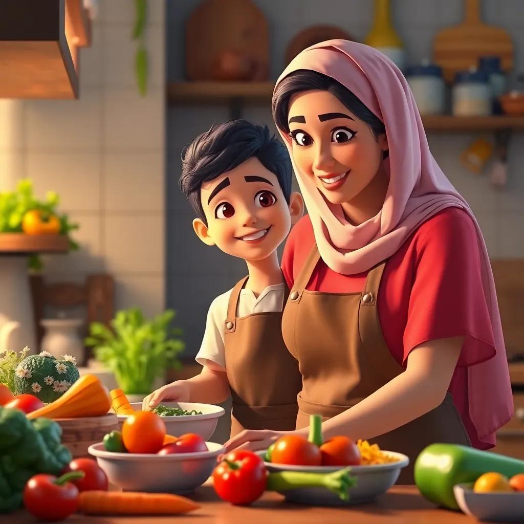 Mohammad, a young Kuwaiti boy, wearing an apron, helping his mother in the kitchen with bright vegetables and a warm smile, digital art, warm colors, family-friendly atmosphere, high quality