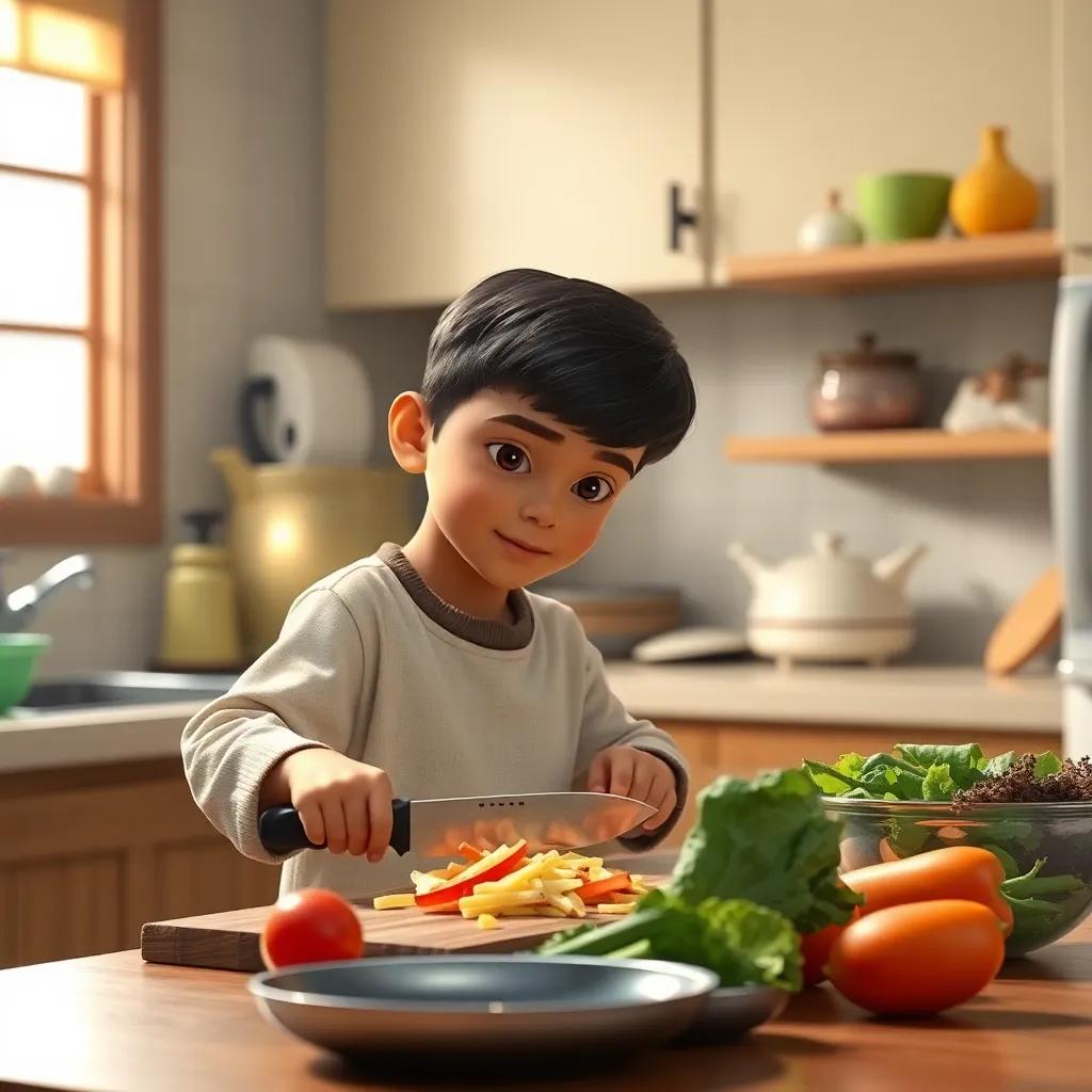 Mohammad, a young Kuwaiti boy, carefully chopping vegetables in the kitchen with a focused expression, bright kitchen, warm light, nurturing atmosphere, high quality