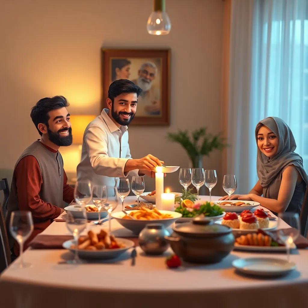 A beautifully set dinner table with Mohammad serving a meal, smiling parents looking delighted, soft warm lights, family gathering, emotional atmosphere, heartwarming scene, high quality