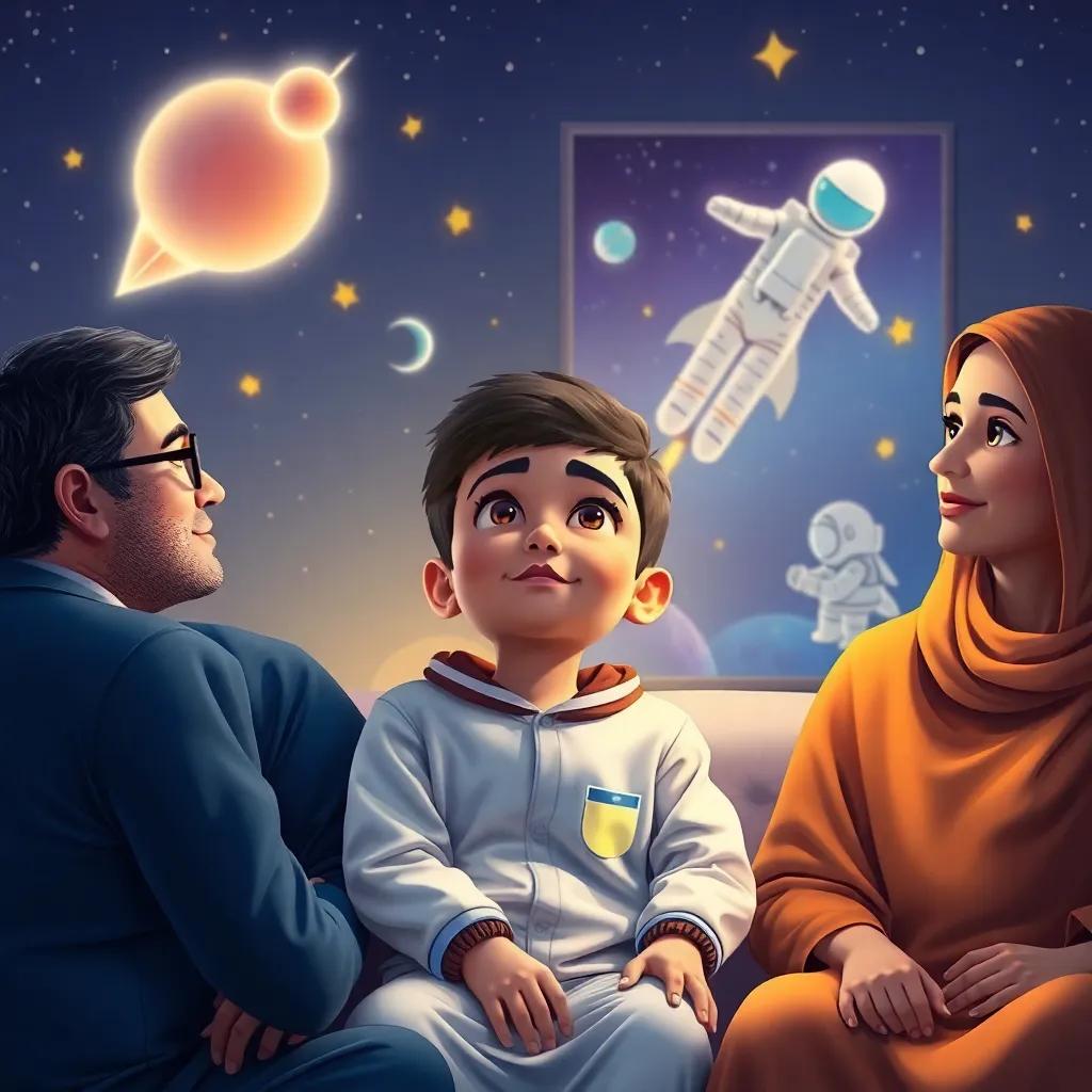 Mohammad, a young Kuwaiti boy, dreaming about astronauts while sitting with his parents, with stars and space poster in the background, imaginative setting, colorful, inspiring atmosphere, high quality