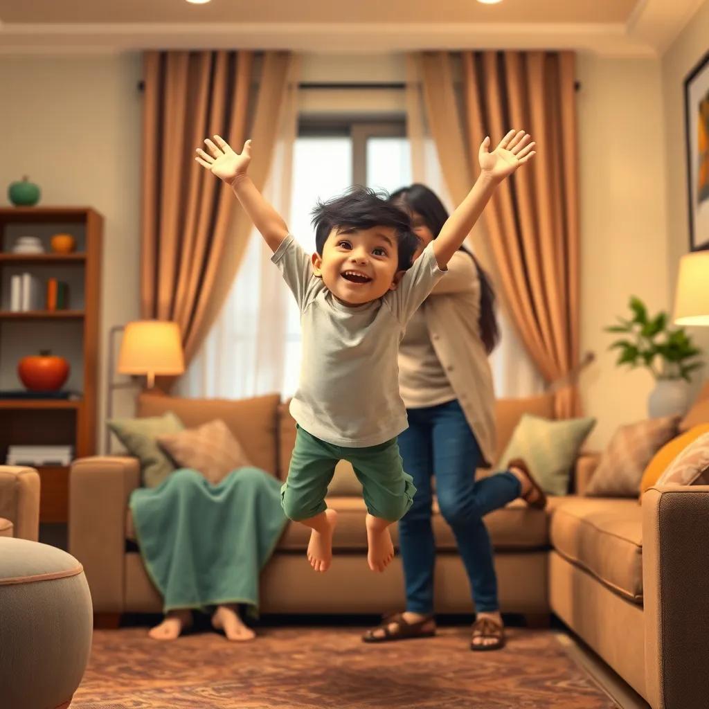 Mohammad, a young Kuwaiti boy, leaping joyfully while hugging his parents in the living room, bright colors, loving family moment, heartwarming scene, high quality