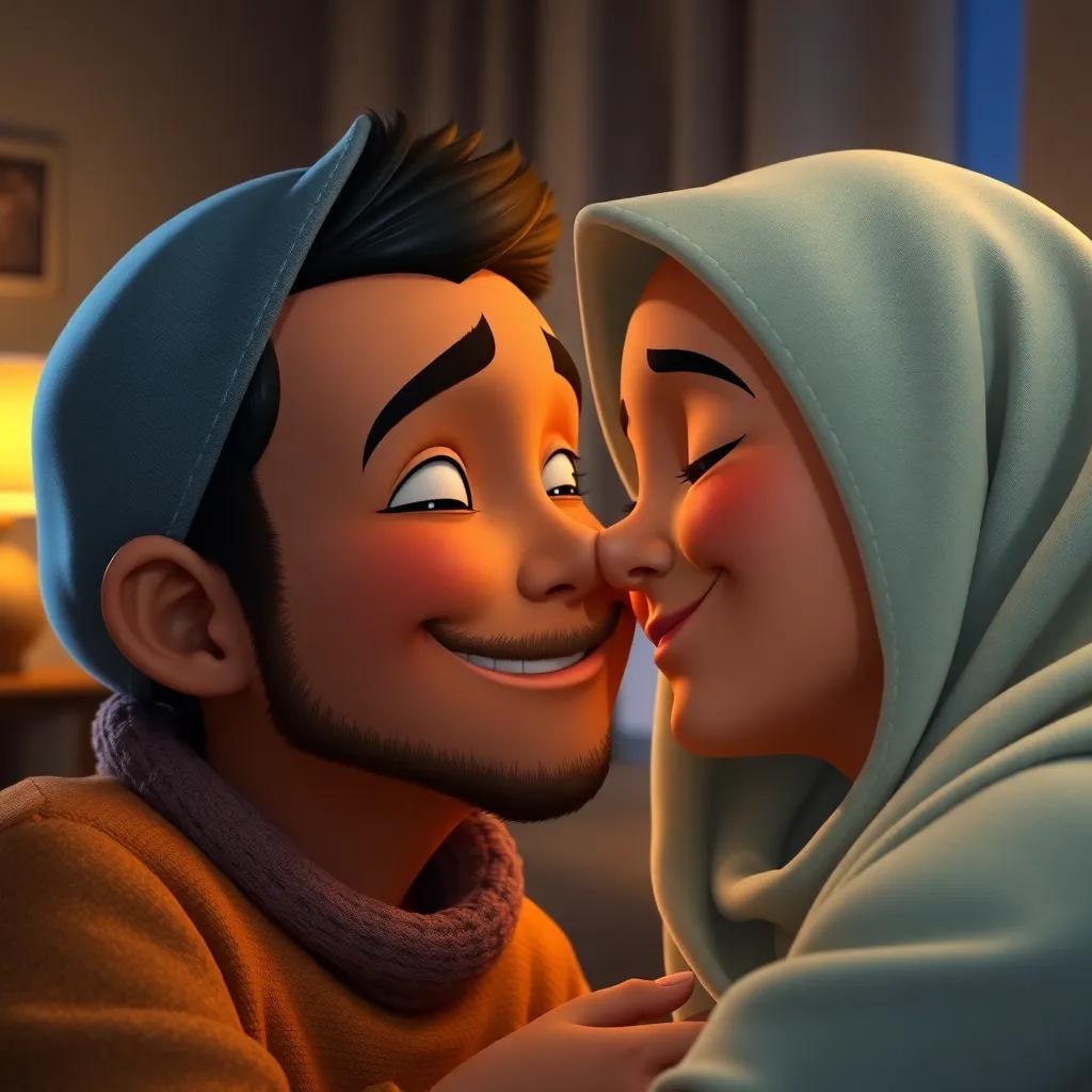 A close-up of Mohammad's happy face as he kisses his parents goodnight, warm lighting, cozy home setting, loving imagery, high quality