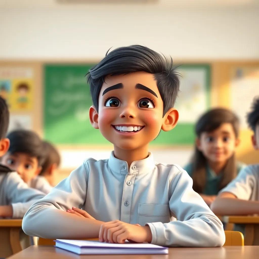 Mohammad, a young Kuwaiti boy, happily remembering his parents' encouraging words in school, smiling in class with friends around him, bright classroom, positive energy, high quality