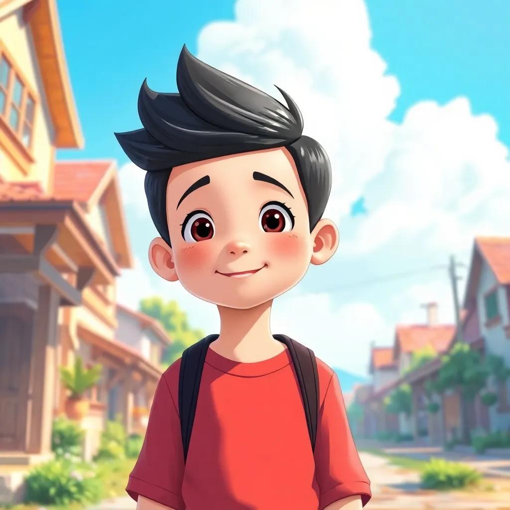 A young boy, محمد, with white skin and styled black hair, standing in a sunny village with a bright blue sky, illustration, vibrant colors, cheerful and inviting atmosphere, high quality