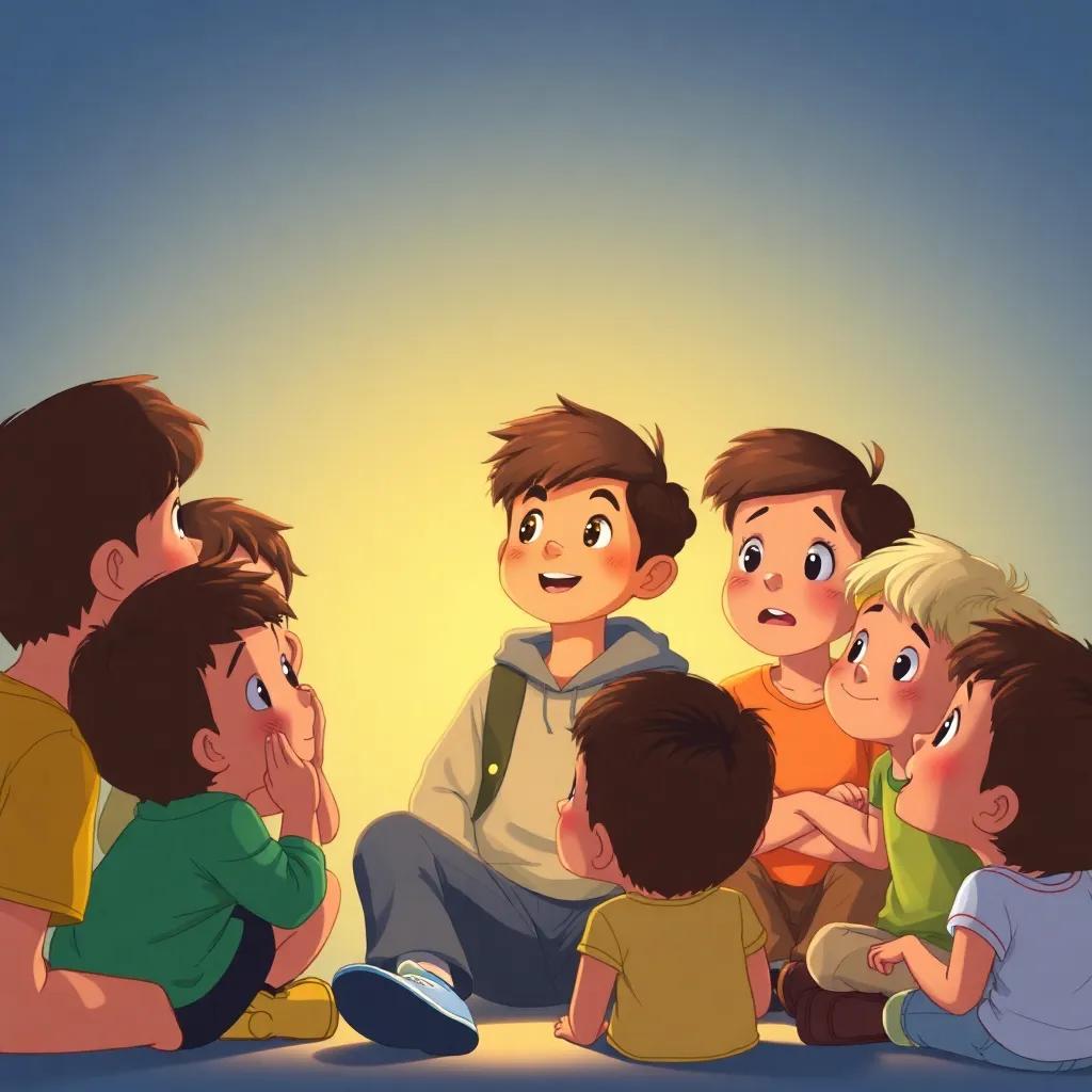 A group of children around محمد, listening to him excitedly about his dream to become a technology engineer, with curiosity and enthusiasm on their faces, illustration, warm colors, engaging atmosphere, high quality