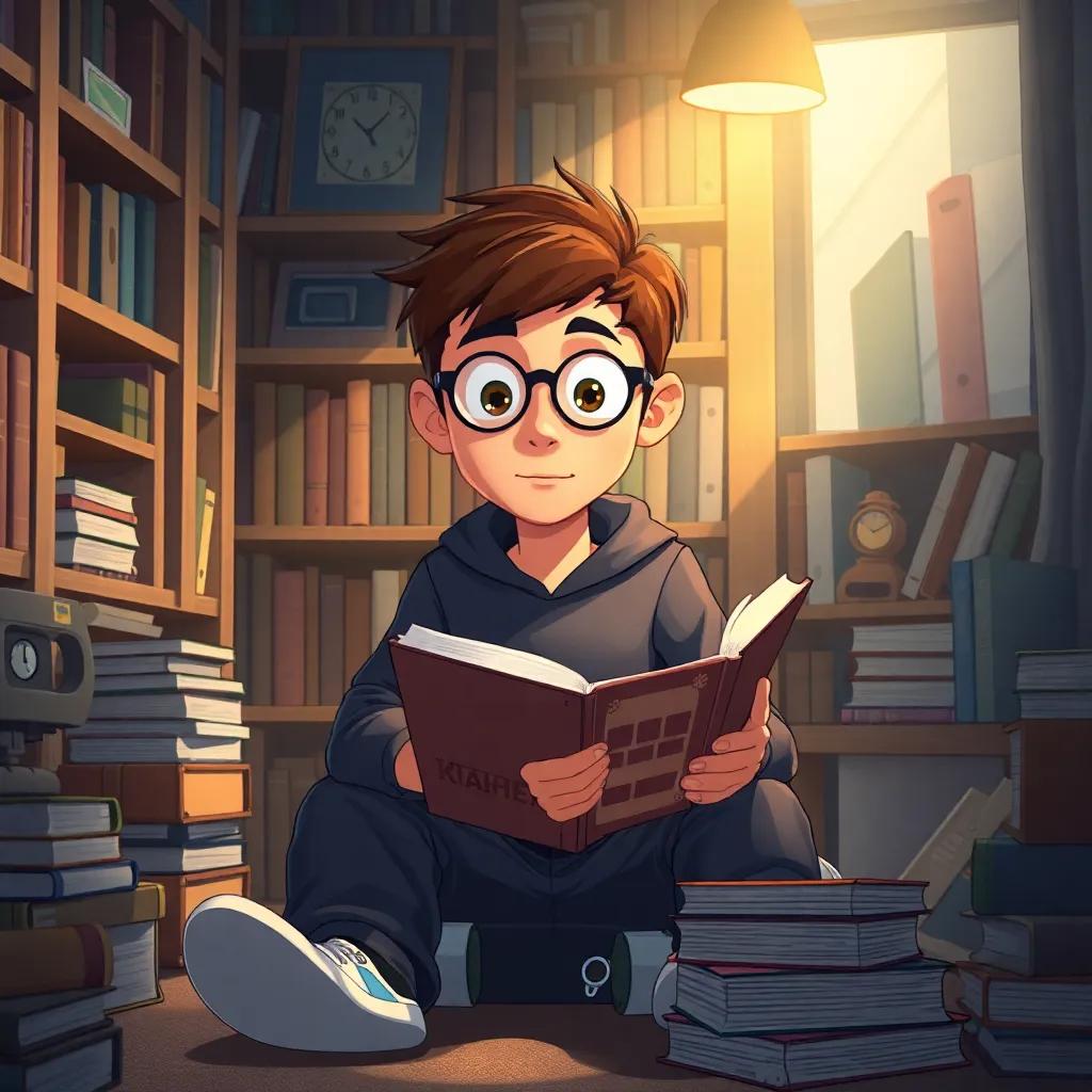 محمد sitting in a cozy library, surrounded by books about machines and devices, eagerly reading with determination, illustration, soft light, inviting setting, high quality